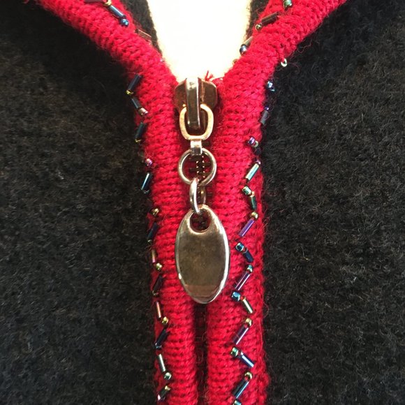 Lisa International Women Boil Wool Sweater Jacket Zip Cardigan Sz Med Black Red - Picture 3 of 11